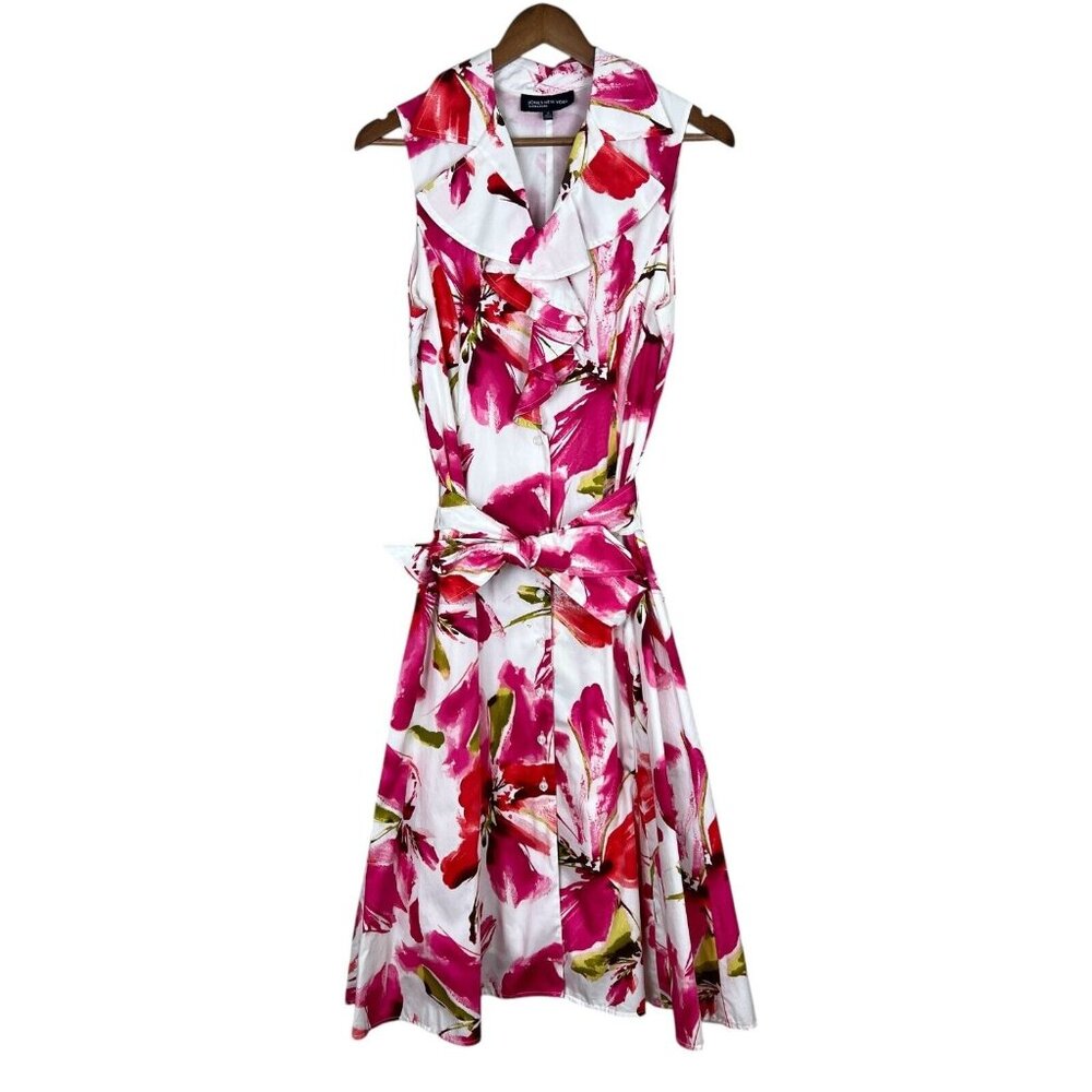 Jones New York Pink and White Floral Ruffle Midi Dress